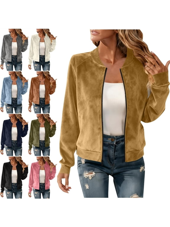 Women's Outerwear Coat Zip Up Bomber Jacket Casual Windbreaker with Pockets Daily Wear White Size M
