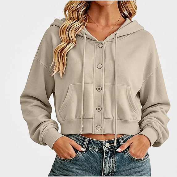 Teylalorva Women's Outerwear Jackets Basic Hooded Button Drawstring Short Double Pocket Long Sleeve Fall Winter Beige Size S