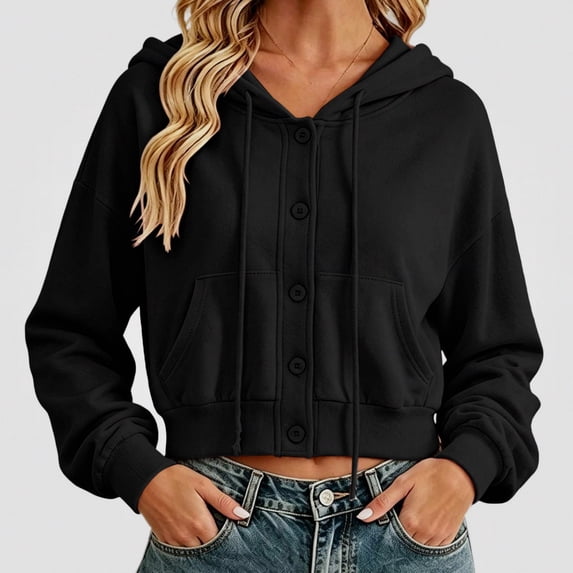 Teylalorva Women's Outerwear Jackets Basic Hooded Button Drawstring Short Double Pocket Long Sleeve Fall Winter Black Size M