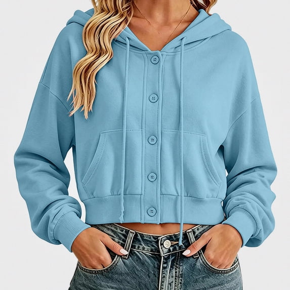 Teylalorva Women's Outerwear Jackets Basic Hooded Button Drawstring Short Double Pocket Long Sleeve Fall Winter Light Blue Size L