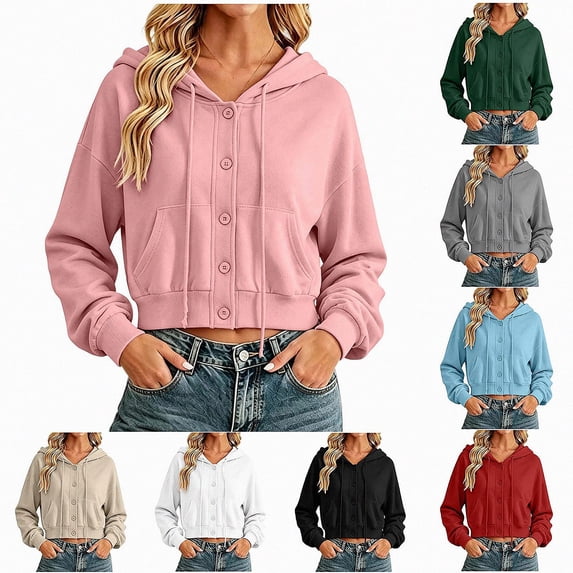 Teylalorva Women's Outerwear Jackets Basic Hooded Button Drawstring Short Double Pocket Long Sleeve Fall Winter Pink Size L