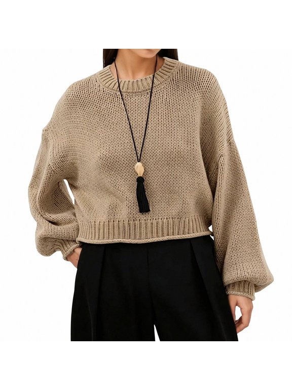 Women's Sweater Crew Neck Plain Long Sleeve Knit Pullover Essential Basic For Closet Khaki Size S