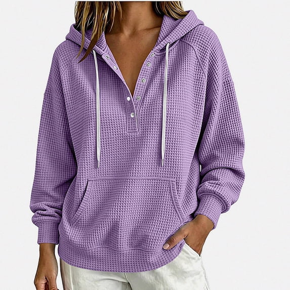 Teylalorva Womens Outerwear Jackets Classic Oversized Hooded Button Drawstring Pocket Pullover Sweatshirt Fall Winter Purple Size S