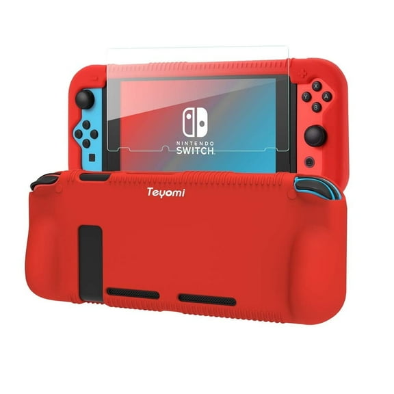 Teyomi Nintendo Switch Console Silicone Case with Tempered Glass Screen Protector and 2 Game Card Storage Slots for Kidsnon-Slip, Non-Scratch Gaming Grip Case Perfect Gift for Kids-Red