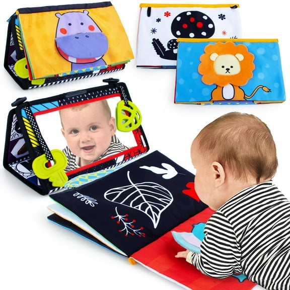 Teytoy Tummy Time Floor Mirror with Crinkle Cloth Book and Teethers, High Contrast Black and White Baby Toys, Developmental Montessori Sensory Crawling Toy for Newborn Infant 0 3 6 Months Gift