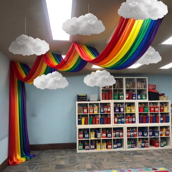 Teyva Daily 7 Pcs Rainbow Party Ceiling Decorations x 4 ft 3D Rainbow Ceiling Hanging Bunting Banner Decorations with 6 Pcs Clouds Hanging Decor for Classroom Birthday Nursery Daycare Decor Y102