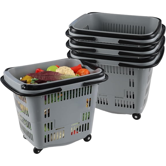 Teyyvn 4 PCS 50L Plastic Rolling Shopping Basket with Handle, Rolling Shopping Basket for Supermarkets and Retail Stores, Grey