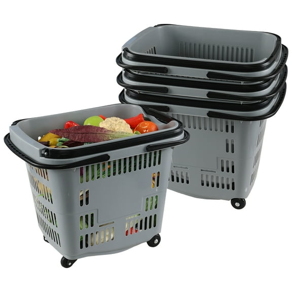 Teyyvn 4PCS 53L Plastic Rolling Shopping Basket with Handle, Rolling Shopping Basket for Supermarkets and Retail Stores, Grey