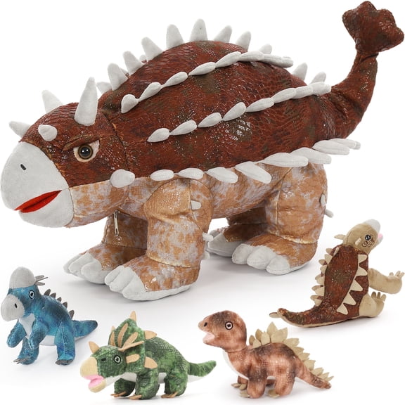 Tezituor 5Pcs Realistic Dinosaur Stuffed Animals Giant 21.6" Ankylosaurus Plush with 4 Babies Plush Toy
