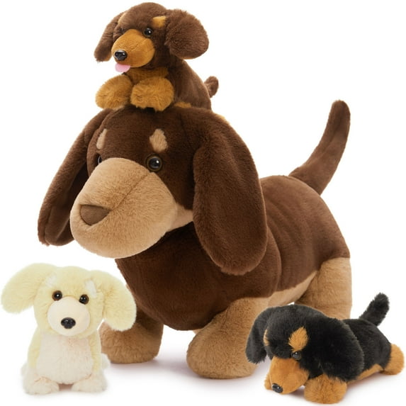 Tezituor 4Pcs Dachshund Stuffed Animal 18'' Mommy Stuffed Weiner Dog with 3 Puppies Plush Toy