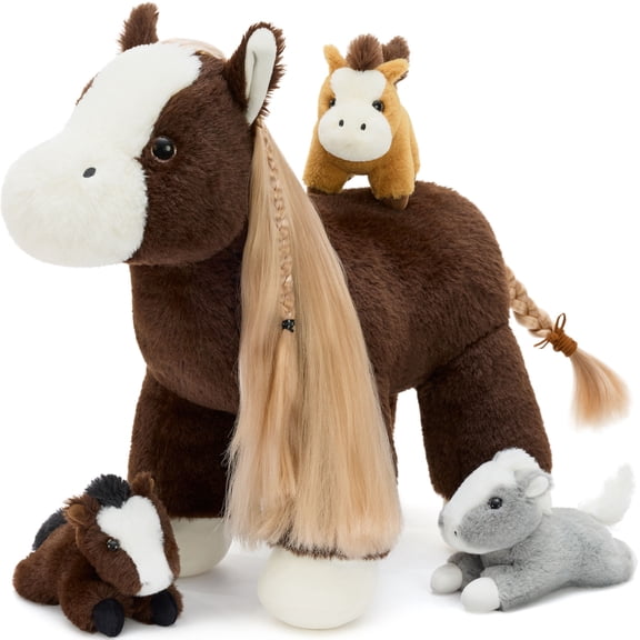 Tezituor 4Pcs Horse Stuffed Animal 17.7" Unique Long-Haired Stuffed Horse Mother with 3 Babies Pony Toys