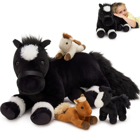 Tezituor 4Pcs Large Horse Stuffed Animal 17.7" Mommy Stuffed Horse's Belly Holds 3 Ponies Plush Toy