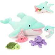 Tezituor 5Pcs Dolphin Stuffed Animal Set 23.6 Dolphin Toy with Plush Octopus, Hermit Crab Toy, Stuffed Turtle, and Dolphin Baby