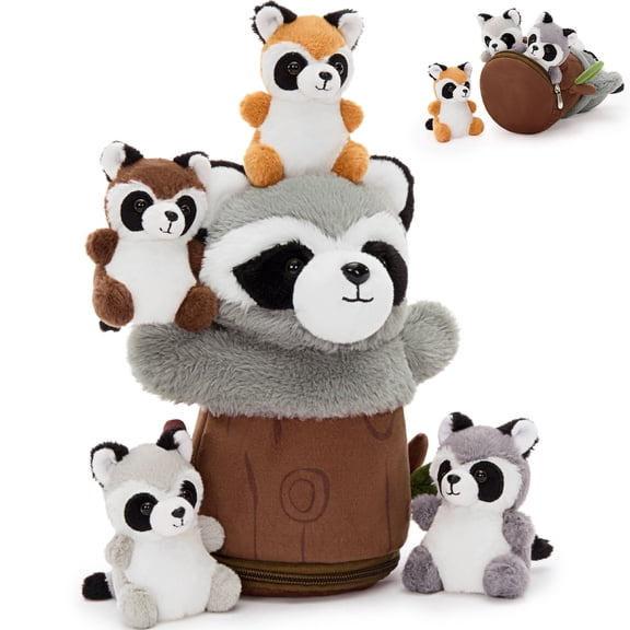 Tezituor 5Pcs Raccoon Stuffed Animal 9.5" Stuffed Stump Raccoon with 4 Mini Raccoon Hand Puppet Plush Toy