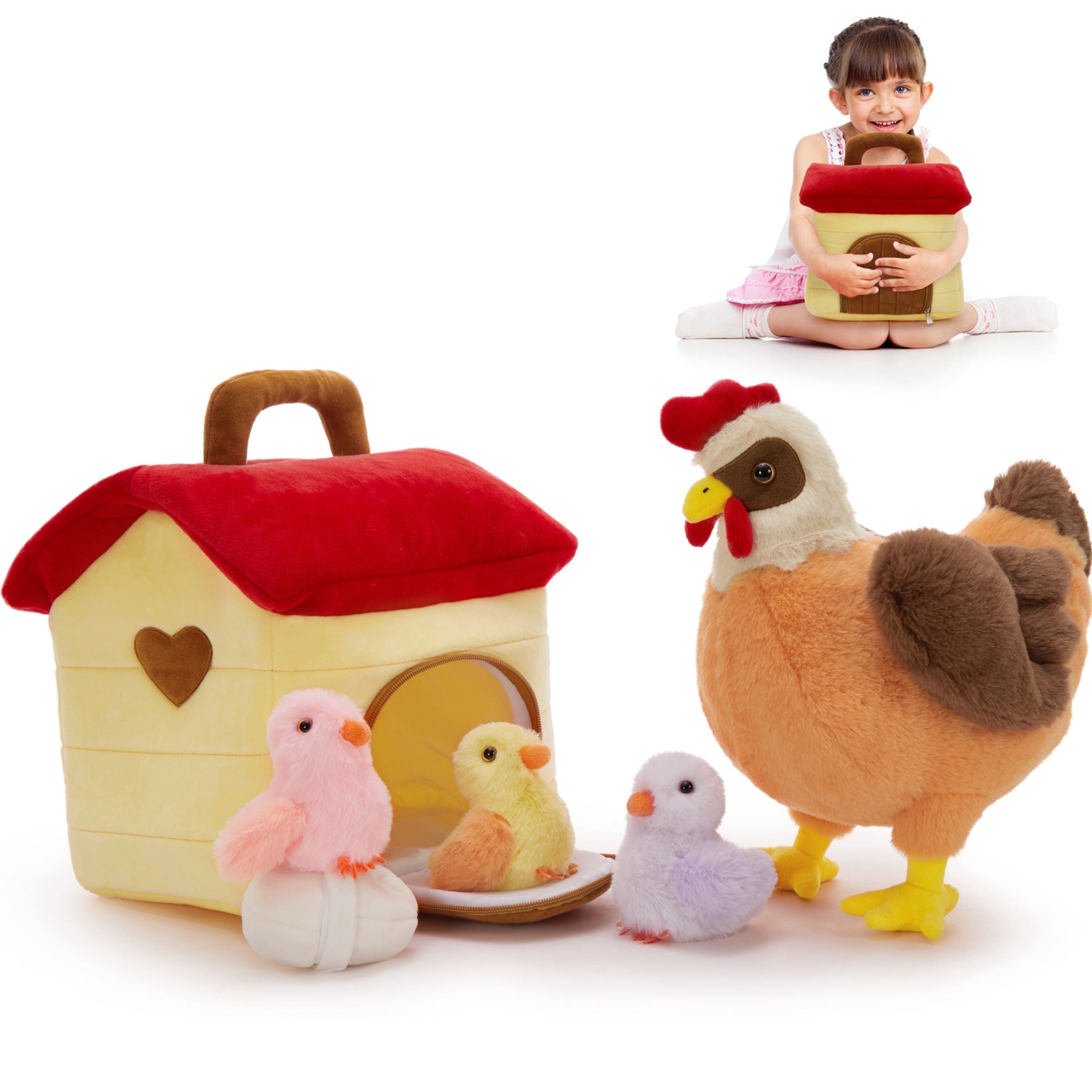 Tezituor 6Pcs Chicken Stuffed Animal 13.5'' Big Stuffed Chicken with 3 Babies Chickens, 1 Eggs, and 1 Henhouse Plush Set Plush Toy