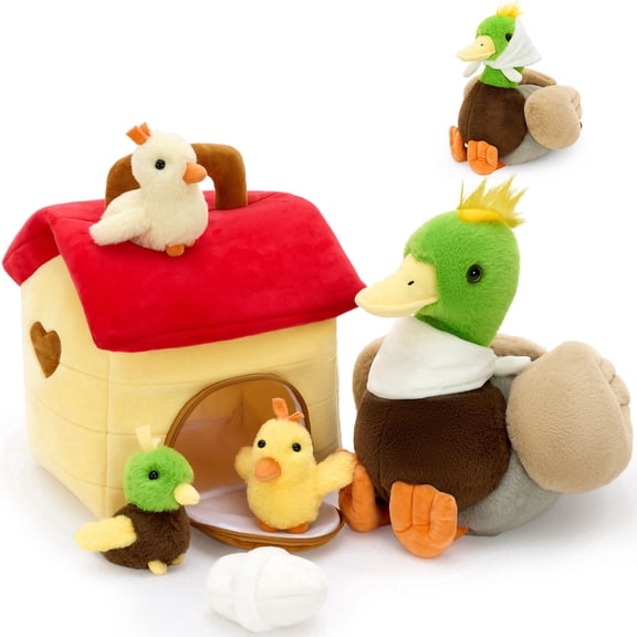 Tezituor 6Pcs Duck Stuffed Animal Big Mallard Plush with 3 Baby Ducks, 1 Egg, and 1 Duck House Plush