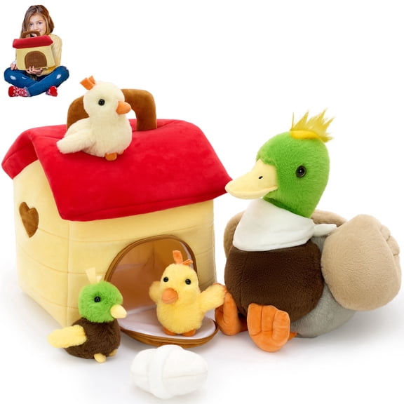 Tezituor 6Pcs Duck Stuffed Animal Big Mallard Plush with 3 Babies Ducks, 1 Eggs, and 1 Duck House Plush Set