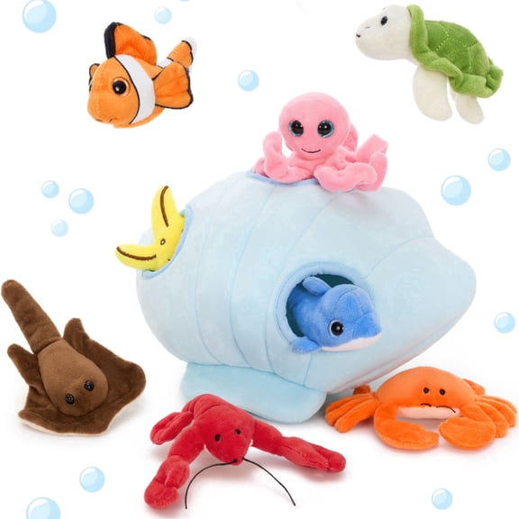 Tezituor 9Pcs Ocean Sea Animals with Plush Shell Toy Set Includes Plush tortoise, Dolphin, Octopus, Devil Fish, Lobster, Crab, Clownfish, Starfish, and Shell House