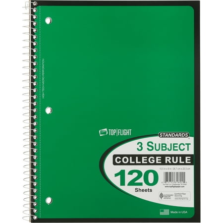 Tf 3sub Ntbk Wire Cr Size 120ct Top Flight Three Subject College Ruled Notebook