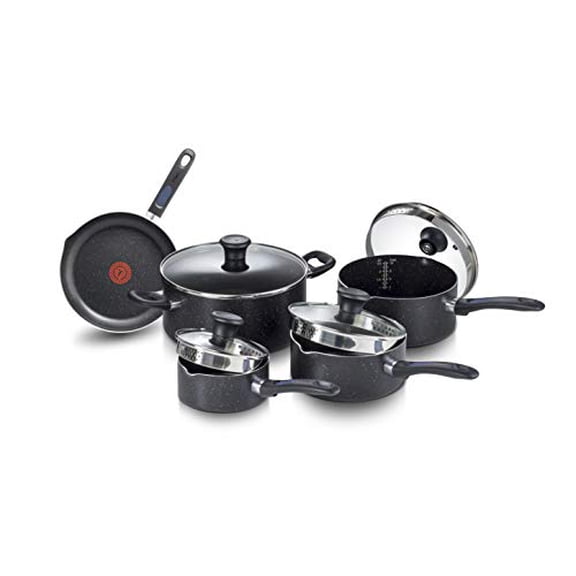 T-fal Signature 9pc Cookware Set, Non Stick pots and Pans, Non Toxic Cookware Set, Thermo-spot Heat Indicator, Dishwasher Safe, Black