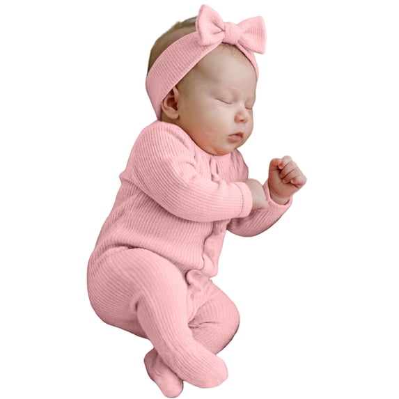 Tfken Baby Girl Onesie Long Sleeve Fall Winter Comfy Casual Bodysuit With Headband Daily Wear Soft Children Trendy Clothes Size Newborn Pink