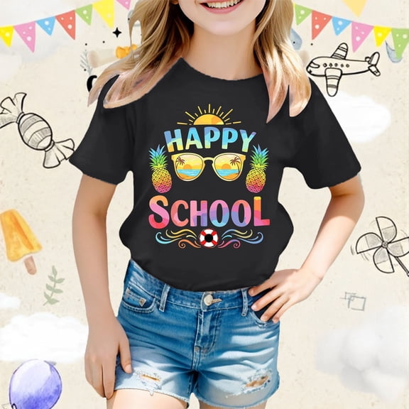 Tfken Back To School Child Girls Tee Soft Crew Neck Cartoon Print Tops Short Sleeve Relaxed Black T-Shirts Size 10 Years-11 Years