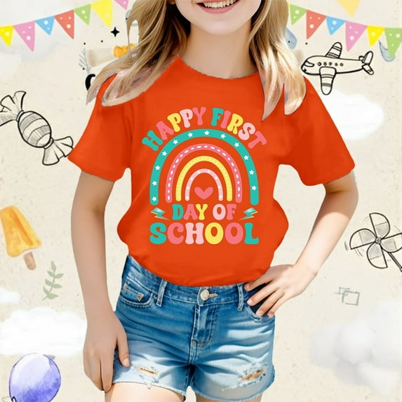 Tfken Back-To-School T-Shirts For Girls Toddler Size 8 Years-9 Years Short Sleeve Rainbow Print Tops Fashion Soft Orange Tee