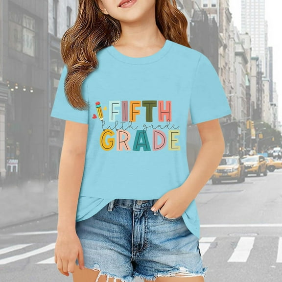 Tfken Back To School T-Shirts For Girls Toddler Size 9 Years-10 Years Short Sleeve Letter Print Tops Relaxed 2025 Blue Tee