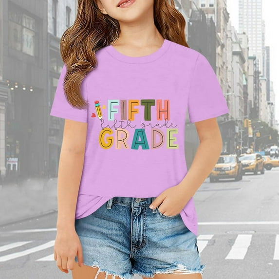 Tfken Back To School Tee For Girls Toddler Crew Neck Short Sleeve Letter Print T-Shirts 2025 Fashion Tops Purple Size 5 Years-6 Years