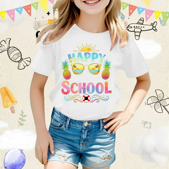 Tfken Back-To-School Tee For Girls Toddler Fashion Crew Neck Cartoon Print Tops Short Sleeve Comfortable White T-Shirts Size 3 Years-4 Years