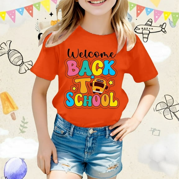 Tfken Back-To-School Tops For Girls Toddler Size 8 Years-9 Years Short Sleeve Letter Print T-Shirts Daily Wear Relaxed Orange Tee
