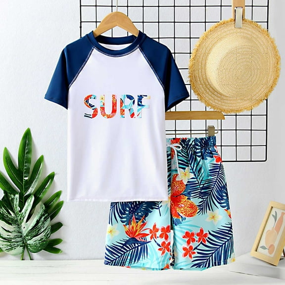 Tfken Bathing Suit For Boys Toddler Relaxed Letter Print Beach Short Sleeve Swimsuit Crew Neck White Size 10-11 Years Swimwear