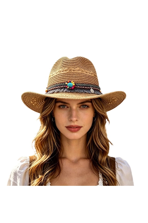 Beach Hats Women Summer Hiking Cowboy Lightweight Breathable Straw Sunhat With Drawstring Fashion Wear Outdoor Ladies Women Trendy Cap Beige
