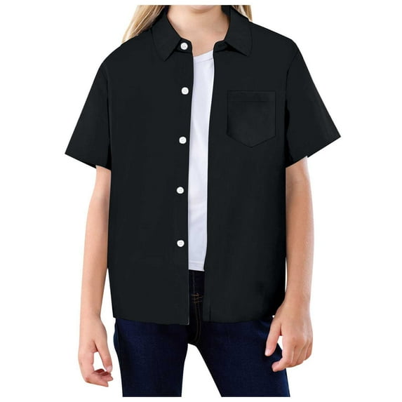 Tfken Blouse For Girls Toddler Size 3-4 Years Short Sleeve Solid Color Tops Daily Wear Collared Black Button-Up Shirts