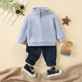 thumbnail image 1 of Tfken Toddler Child Girls Outfit Set Soft Solid Color Stand Neck Striped Sweatshirt Long Pant Relaxed Navy Outfits Sets Size 0-6 Months, 1 of 9