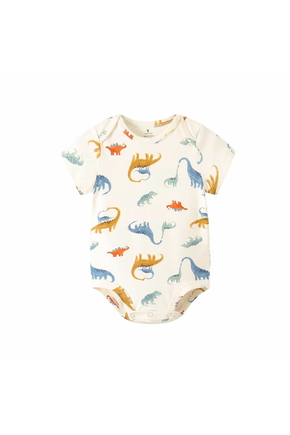 Bodysuit For Baby Boys Short Sleeve Crew Neck Dinosaur Print Newborn Infant Clothes 6-9 Months Beige Breathable Outfit