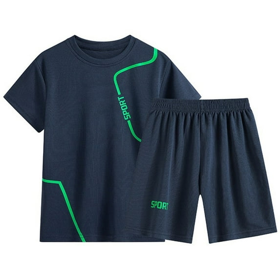 Tfken Boys For Outfitsets Solid Color Comfortable Ten Shorts Crew Neck Short Sleeve 2 Pieces Set Dark Blue Size 5 Years-6 Years
