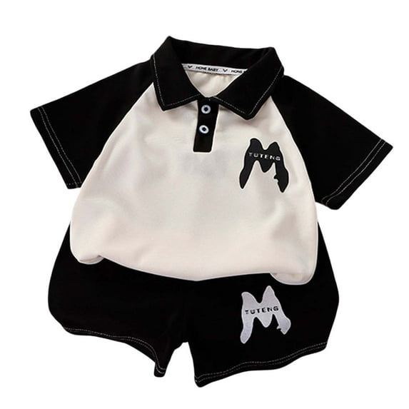 Tfken Boys For Outfitsetslapel Neck Size 4-5 Years Black Patchwork T-Shirts Shorts Short Sleeve Summer Daily Wear Clothing Set