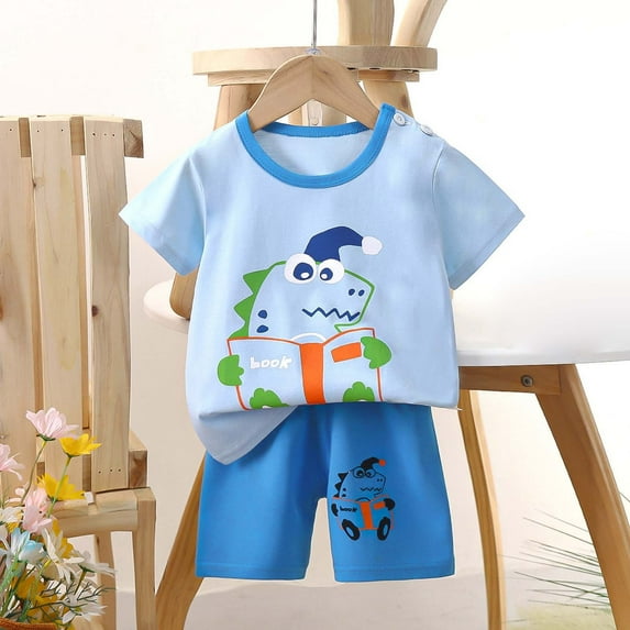 Tfken Boys Outfit Set Size 12 Months-18 Months Girls Summer Cartoon Printed Short Sleeve Tops Shorts 2Pc Childrens Suit Toddler Boy Outfit Light Blue