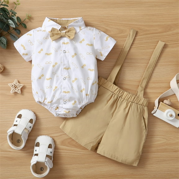 Tfken Boys Outfit Set Size 12 Months-18 Months Kids Clothes Baby Clothes Baby Prints Romper Suspender Pants Set Gentleman Outfit Toddler Boy Outfit Khaki