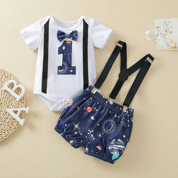 Tfken Boys Outfit Set Size 12 Months-18 Months Sky Shorts Bowtie Baby Rompersuspender Birthday Outfits First Starrys Outfits Set Toddler Boy Outfit Blue