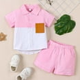 thumbnail image 1 of Tfken Boys Outfit Set Size 12 Months-24 Months Blend Short Sleeve Shirt Set Casual Summer Two Piece Outfit With Collar Solid Colors Toddler Boy Outfit Pink, 1 of 8