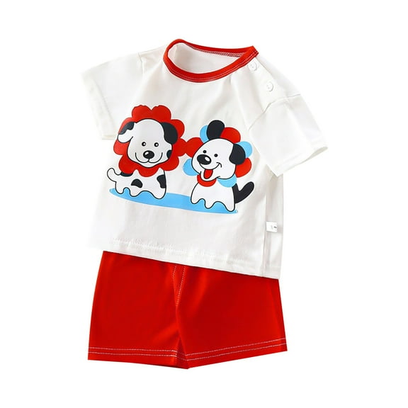Tfken Boys Outfit Set Size 18 Months-24 Months Childrens Cotton Short Sleeve T Shirt Set Cartoon Pattern Color Contrast Home Clothespajamas Air Conditioning Clothes Toddler Boy Outfit Red