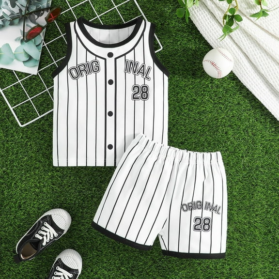 Tfken Boys Outfit Set Size 2 Years-3 Years Baby Striped Letter Baseball Clothes Sleeveless T Shirt Set Two Sets Toddler Boy Outfit Black