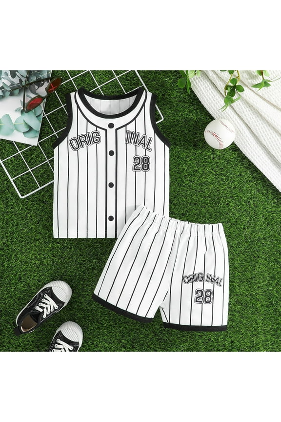 Boys Outfit Set Size 3 Years-4 Years Baby Striped Letter Baseball Clothes Sleeveless T Shirt Set Two Sets Toddler Boy Outfit Black