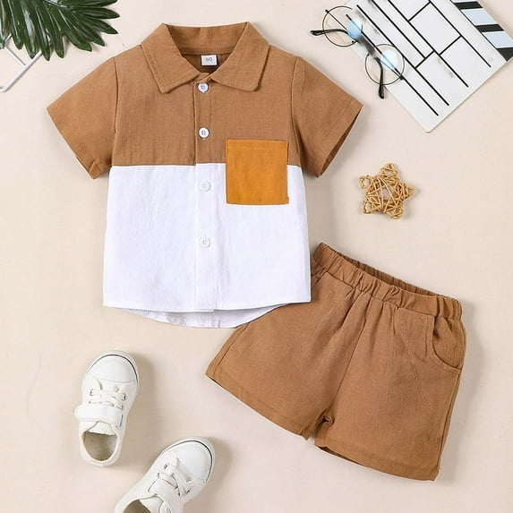 Tfken Boys Outfit Set Size 3 Years-4 Years Blend Short Sleeve Shirt Set Casual Summer Two Piece Outfit With Collar Solid Colors Toddler Boy Outfit Khaki