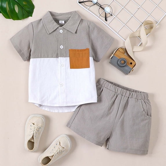 Tfken Boys Outfit Set Size 4 Years-5 Years Blend Short Sleeve Shirt Set Casual Summer Two Piece Outfit With Collar Solid Colors Toddler Boy Outfit Grey
