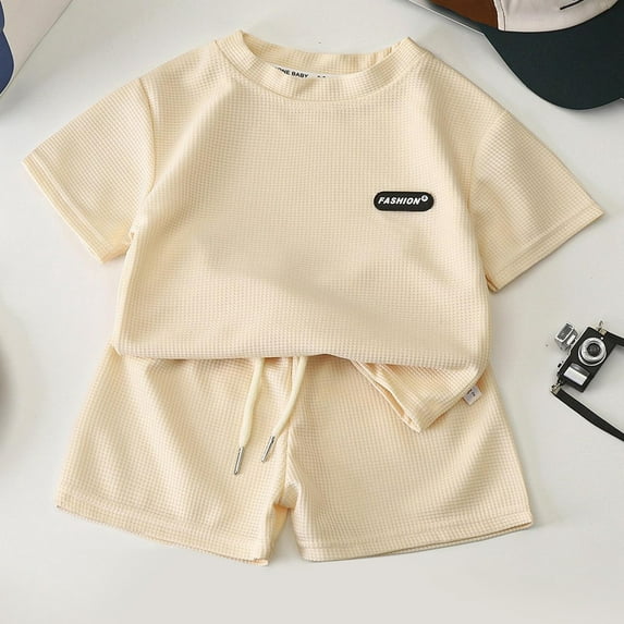 Tfken Boys Outfit Set Size 5 Years-6 Years Childrens Wear Summer Childrens Casual Suit Loose Clothes Short Sleeve Baby Summer Toddler Boy Outfit Beige