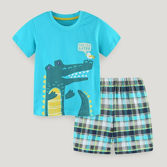 Tfken Boys Outfit Set Size 5 Years-6 Years Short Sleeve Prints T Shirt Tops Shorts Child Kids 2Pc Set Outfits Clothes Toddler Boy Outfit Light Blue