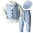 thumbnail image 1 of Tfken Boys Outfit Sets For Summer 3 Piece Lapel Neck Bowknot Solid Color Long Sleeve Tops And Plaid Pants Set With Vest Fashion Children Soft Outfit Blue Size 3-4 Years, 1 of 9